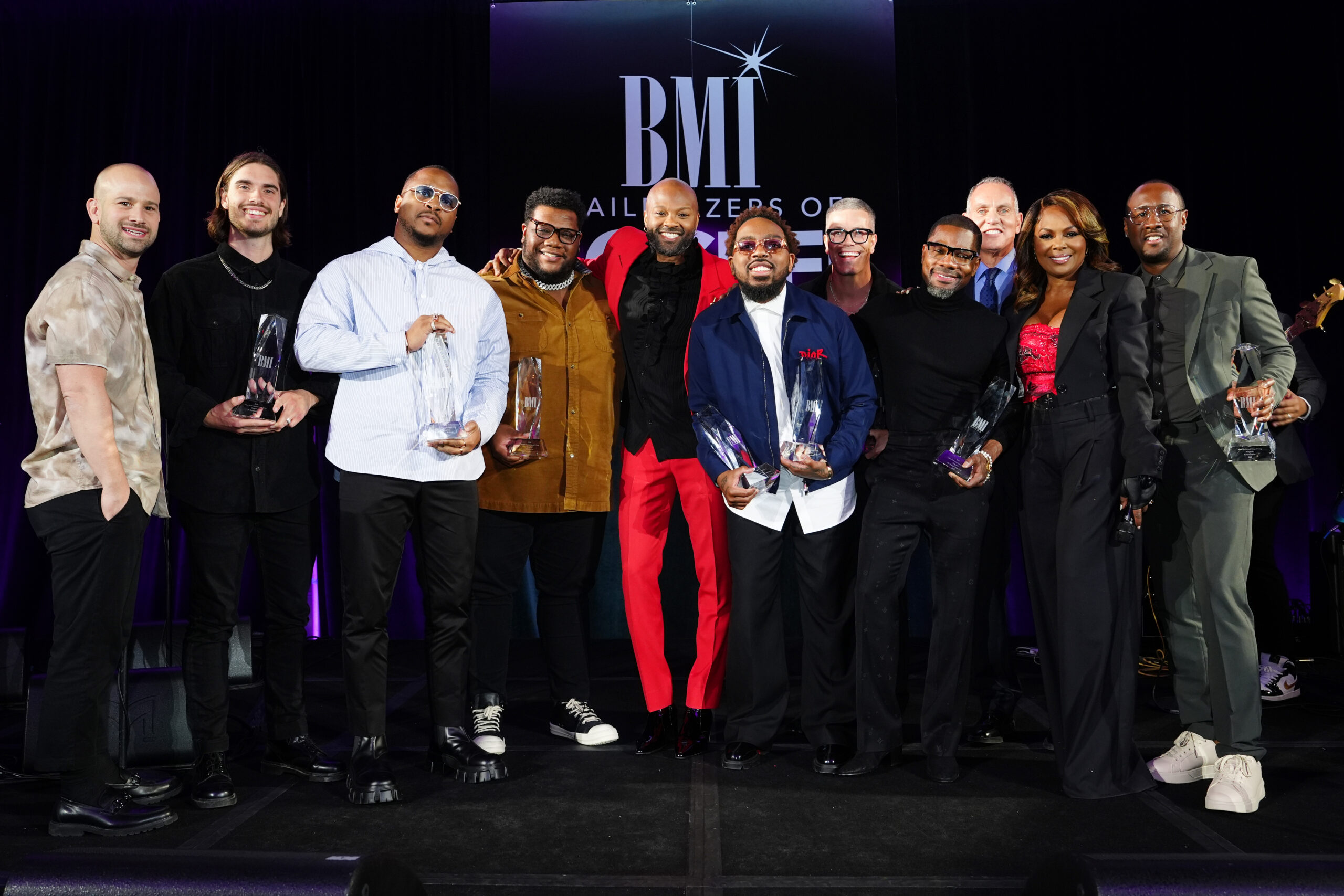 (L-R) Essential Music's Josh Schiffman and Turner Burnett; Norman Gyamfi; Jonathan Jay; BMI's Wardell Malloy; Chandler Moore; BMI's President & CEO Mike O'Neill; Jacob Poole; Kirk Franklin;BMI's Catherine Brewton; and EJ Gaines attend the 2024 BMI Trailblazers of Gospel Music Awards on March 28, 2024 at Flourish in Atlanta, GA. (Photo by Erika Goldring/Getty Images for BMI)