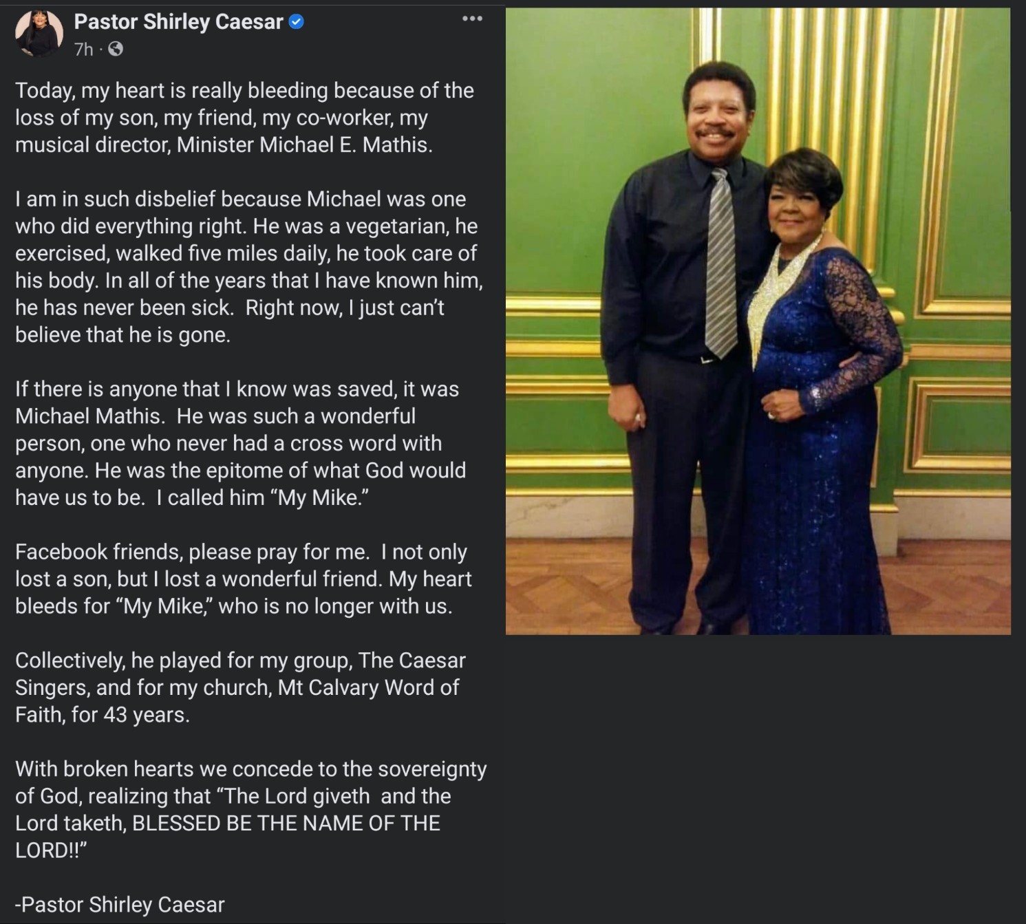 Screenshot of Pastor Shirley Caesar's Fb Post