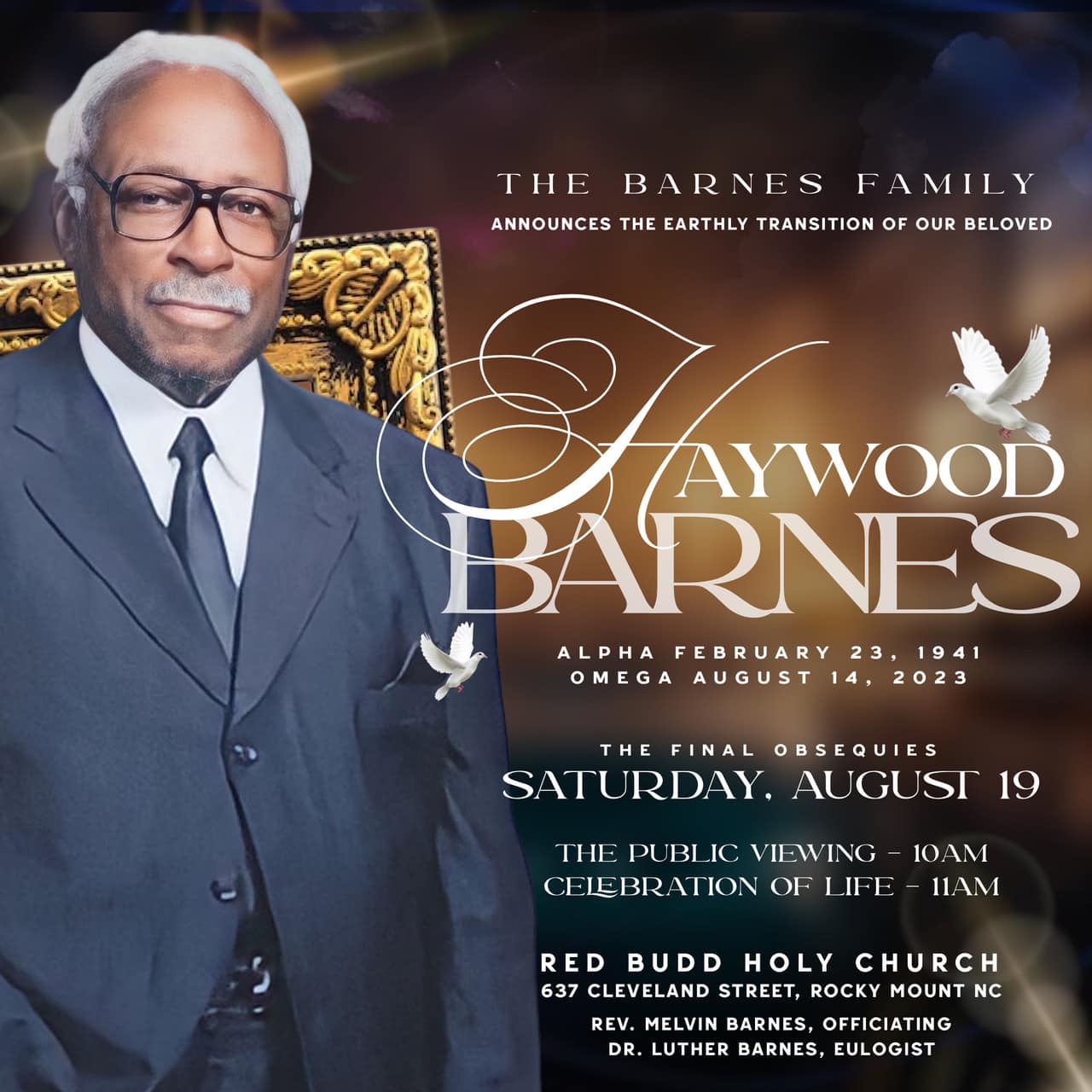 Celebration of life flyer for Haywood Barnes