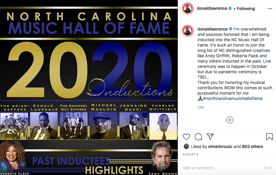 Donald Lawrence IG post regarding induction into the NC Music Hall of Fame