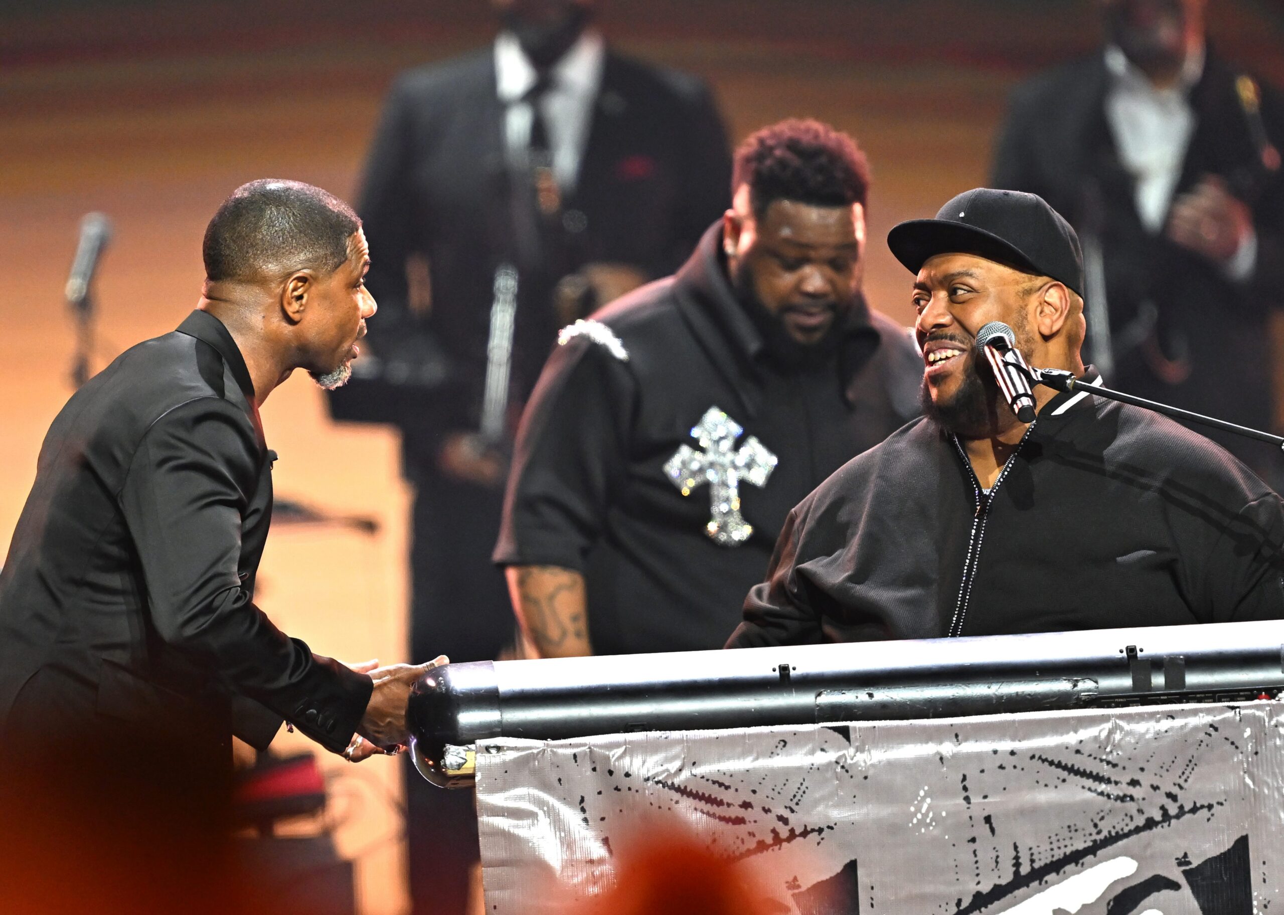 (L-R) Kirk Franklin, Zacardi Cortez and John P. Kee perform onstage during the 41st Stellar Gospel Music Awards at Spectrum Center on August 15, 2026 in Charlotte, North Carolina. (Photo by Paras Griffin/Getty Images for Central City Productions)