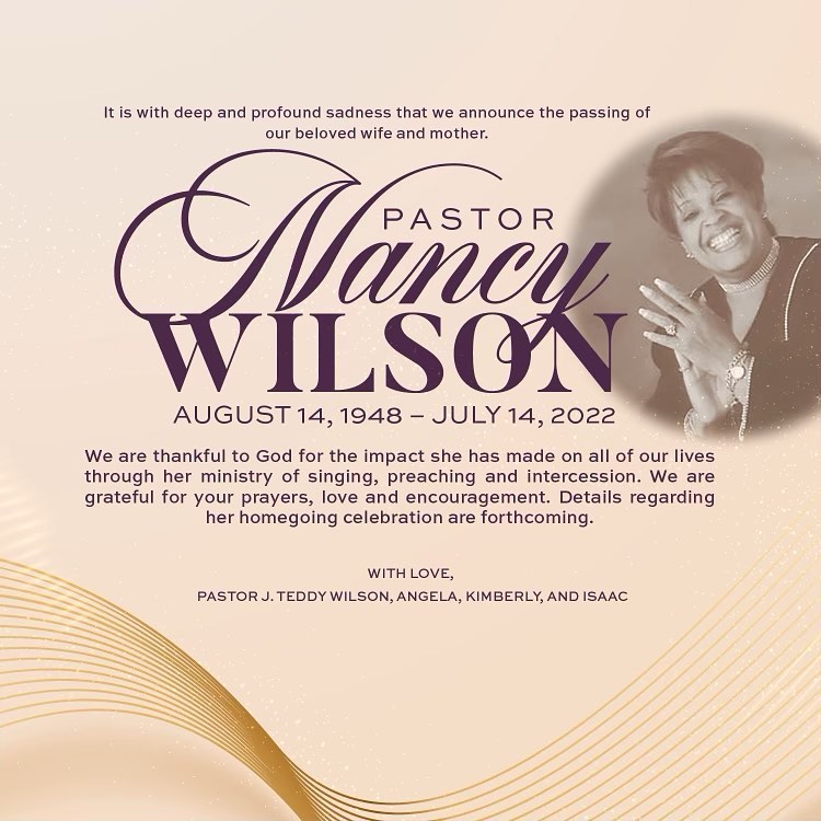 Pastor Nancy Wilson official death announcement 