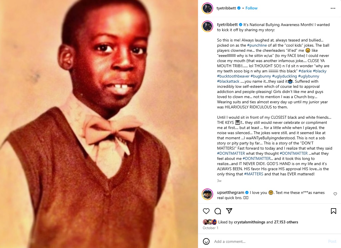 Screenshot of Tye Tribbett sharing his experience with bullying on Instagram in October 2024